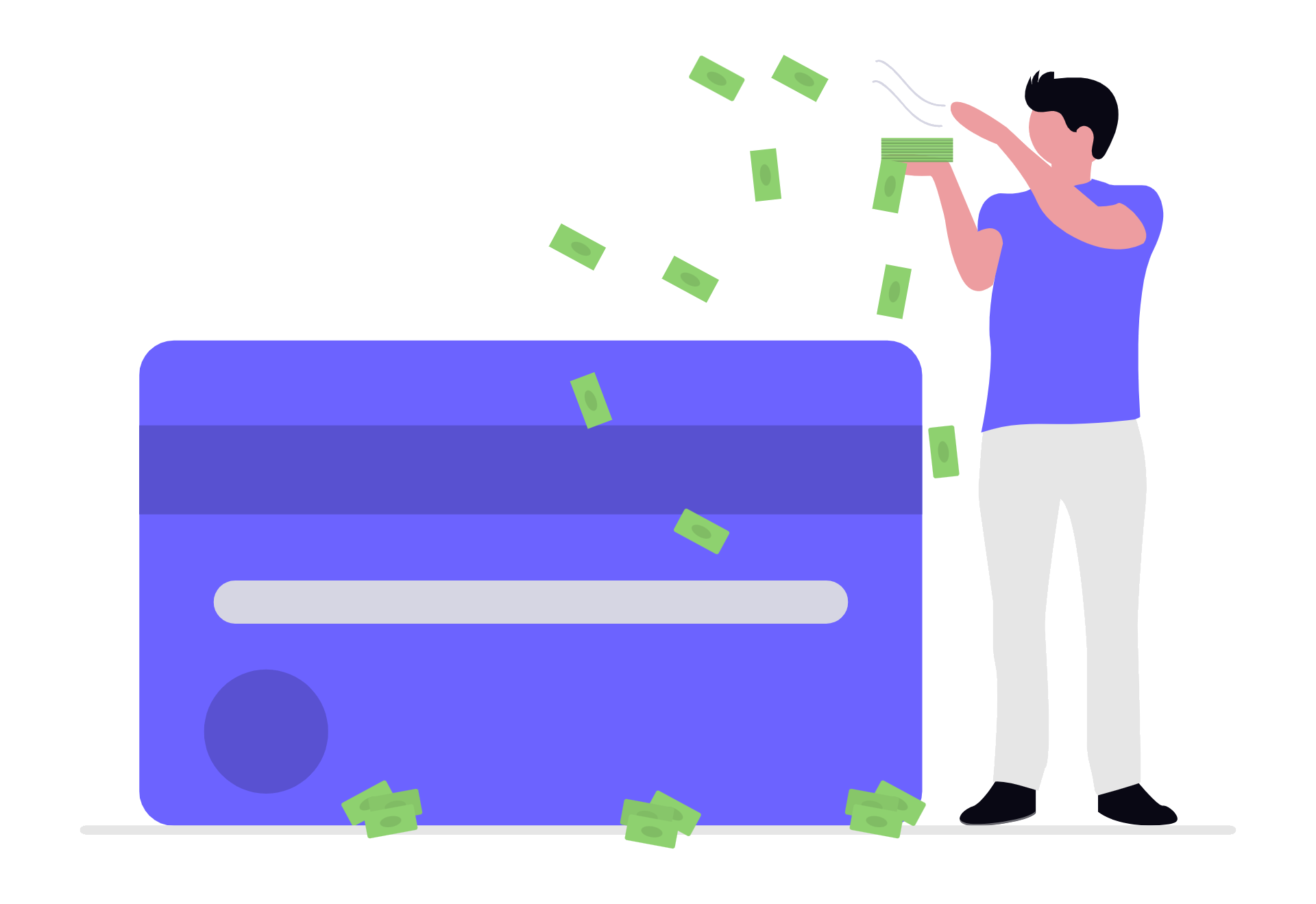 A person tossing cash into the air next to a large credit card, ready to split the cost